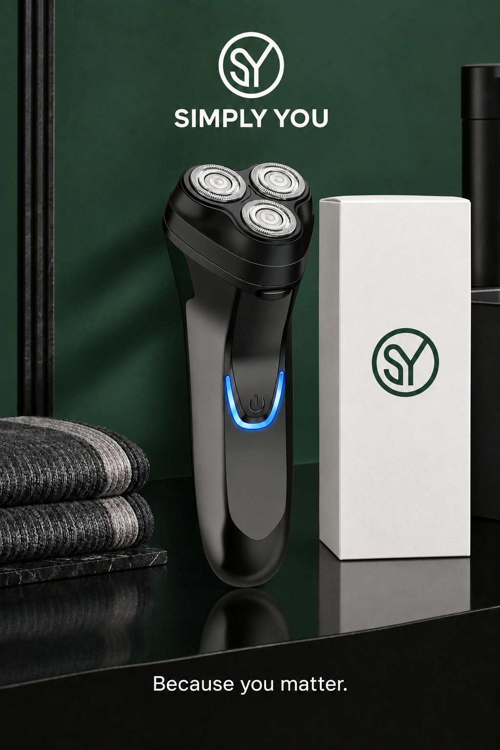 Rotary shaver with white logo box