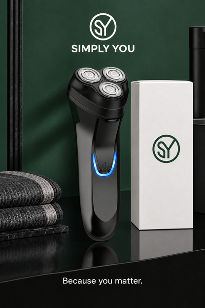 Rotary shaver with white logo box